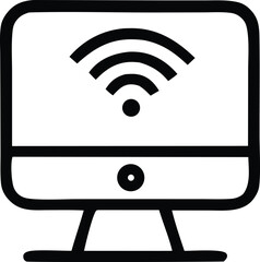 Fototapete - Stylized black and white outline icon of a computer monitor displaying a wi fi signal and a small central dot