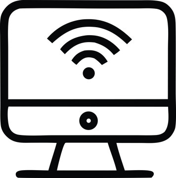Stylized black and white outline icon of a computer monitor displaying a wi fi signal and a small central dot