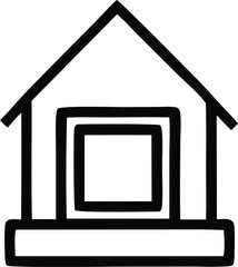 Poster - A minimalist black and white line drawing of a simple house with a prominent square window and a foundational base