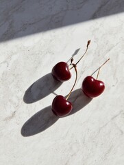 Poster - Close-up View of Cherry Stems Casting Shadows on Marble Surface With Minimal Color Scheme and Open Space Above in Natural Light