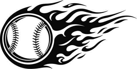 A black and white graphic of a baseball with flames trailing behind it on a white background design