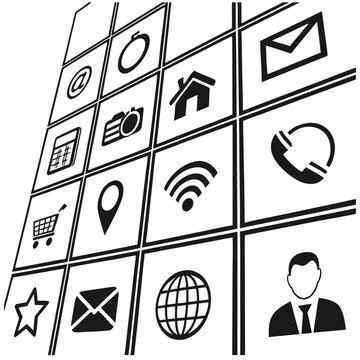 A grid of various black and white icons