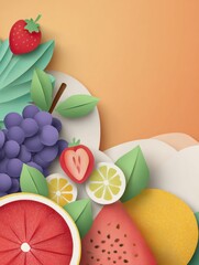Poster - Fruit Composition in Clean Paper-Cut Style Layout With Colorful Shadows and Empty Space for Text
