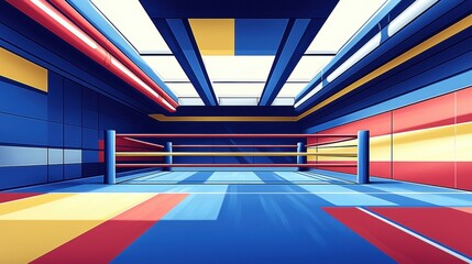 Aufkleber - modern boxing ring in low key lighting welcomes bright daylight from above, illuminating its simple geometric shapes and neutral tones against vivid background
