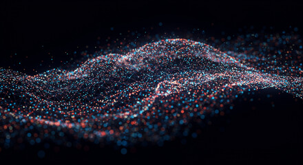 Fototapete - Abstract digital landscape of glowing particles forming undulating waves in dark space.