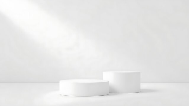 White realistic 3D cylinder steps pedestal podium set with shadow and lighting. abstract studio room with geometric platform design. Gray minimal scene for products showcase, Promotion display.