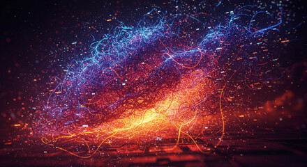 Fototapete - Abstract rendering of swirling, interconnected particles with a color gradient from blue to orange, creating a dynamic and energetic visual effect.