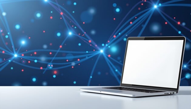 laptop on the right side against a shimmering technological abstract background, under backlit lighting, clear copy space on the left for text or graphics, white screen.