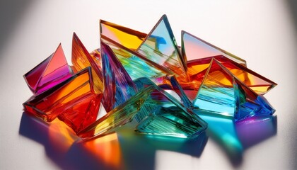Wall Mural - translucent colored glass shards arranged on white surface with colored light passing through castin