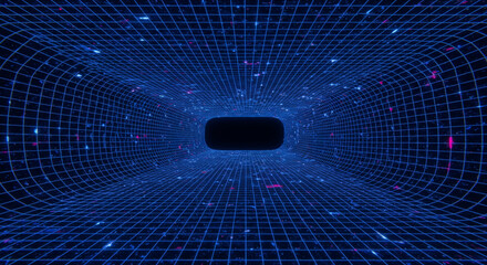 Fototapete - Abstract digital tunnel with a dark rectangular opening, futuristic design.
