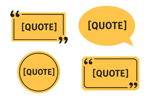 Vector illustration of quote frames, blank templates, text in brackets, empty citation speech bubbles, and quote bubbles, all in textboxes isolated on a color background