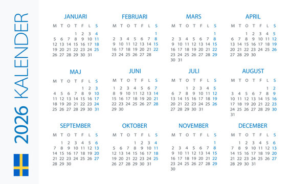Calendar 2026 Horizontal - illustration. Swedish version