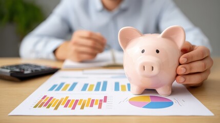 Poster - A person holds a piggy bank while analyzing financial charts and graphs on a table, indicating savings and budgeting.