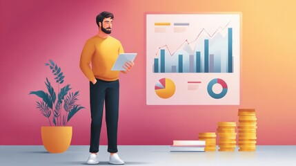 Aufkleber - A man holding a tablet stands near a plant and a chart displaying financial data, with coins stacked nearby in a colorful setting.