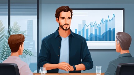 Aufkleber - A man leads a business meeting, discussing growth trends with two colleagues, illustrated with graphs in the background.