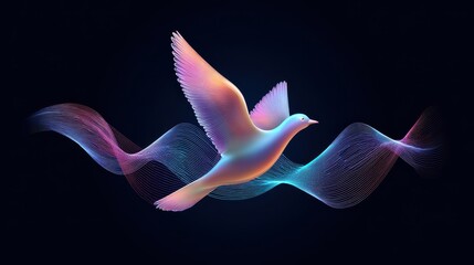 Aufkleber - A vibrant digital illustration of a bird in flight, surrounded by flowing, colorful waves against a dark background.