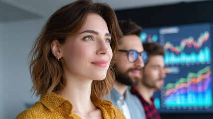 Aufkleber - Three professionals are focused on data analysis, showcasing teamwork and concentration in a modern office setting with digital graphs in the background.