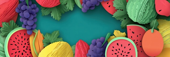 Poster - Colorful Paper-Cut Layout Featuring Melons and Grapes Against a Clean Background Suitable for Summer Designs or Fruit Themes