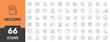 © 66-Icons - Income, Salary, Money, Business Line Icon Set. Set of 66 outline icons including money, paycheck, wallet, bank, growth, profit, and finance. Editable stroke. Linear vector illustration.