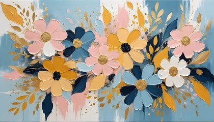 Aufkleber - A colorful floral painting with pink blue and yellow flowers on a blue and white abstract background