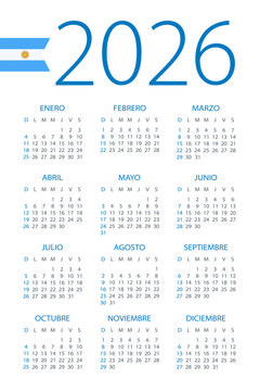Calendar 2026 - illustration. Argentinian version. Week starts on Sunday