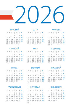 Calendar 2026 - illustration. Polish version. Week starts on Monday