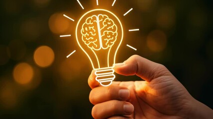 Poster - Bright Idea Symbol with Brain Inside Light Bulb in Hand Against a Warm Background