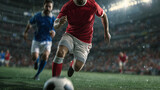A soccer player dribbling the ball while being chased by an opponent during an intense match, showcasing speed, skill, and competition.