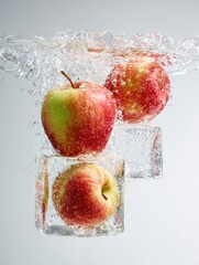 Poster - Floating Apples in Clear Water With Transparent Blocks Create a Refreshing Display in a Clean Studio Environment