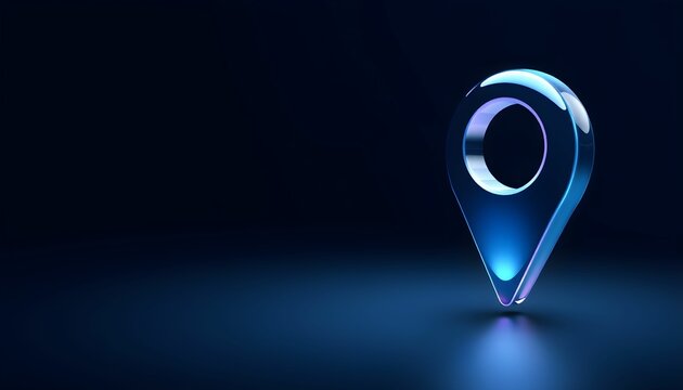 A glossy, blue location pin icon stands on a dark blue surface, reflecting light.