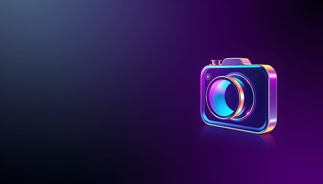 A vibrant, metallic 3D rendering of a camera against a dark background.