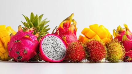 Poster - Collection of Exotic Fruits Including Dragonfruit, Rambutan, and Mango Arranged Against a Blank White Background for Visual Appeal