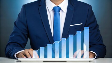 Fototapete - Business professional analyzing growth with 3D bar graph overlay. Modern office scene with digital data visualization. Suited individual working on laptop with progress chart.