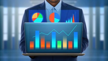 Aufkleber - Futuristic data analysis with colorful graphs on laptop screen. Business professional interacting with advanced visualization tech. Vibrant charts and percentages in digital interface.