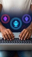 Poster - Person typing on laptop with AI graphics. Futuristic digital workspace with data visualization. Modern tech scene with artificial intelligence elements.