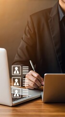 Poster - Business professional reviewing digital documents. Modern workspace with task management overlays. Productive office scene with laptop and pen.