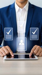 Poster - Business professional using digital interface. Futuristic office with floating checkmark and profiles. Tech-savvy workspace with interactive documents.
