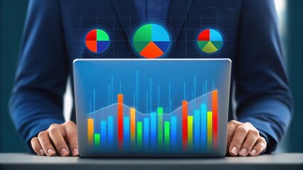 Poster - Hands interacting with data visualizations on laptop. Futuristic business analytics with colorful graphs. Modern tech workspace with dynamic data displays.