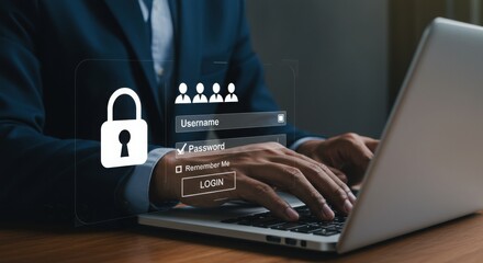 Poster - Secure login process with digital authentication overlay. Cybersecurity professional accessing protected account. Modern user verification interface.
