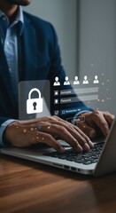 Poster - Secure login process with digital authentication overlay. Cybersecurity professional accessing protected account. Modern user verification interface.