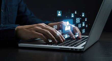 Poster - A persons hands typing on a laptop, with glowing digital icons representing social media, communication, and user profiles floating above the keyboard