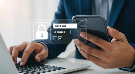 Poster - Cybersecurity professional securing digital login. Businessman typing on laptop with smartphone. Secure password and data protection concept.