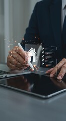 Poster - Digital real estate professional using laptop and tablet. Business executive managing property with digital checklist. Modern workspace with digital overlay and stylus.