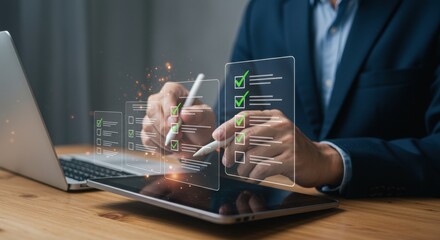 Poster - Business productivity with digital checklist on tablet. Professional using stylus for task management. Modern workspace with completed checkmarks.