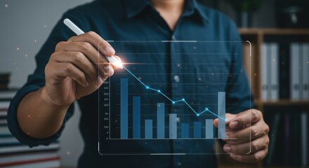 Poster - Professional analyzing data with stylus on transparent screen. Futuristic business technology with interactive bar graph. Corporate executive reviewing financial trends.