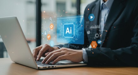 Poster - Business professional working on laptop with AI overlay. Futuristic tech workspace with digital icons. Innovative corporate environment with artificial intelligence.