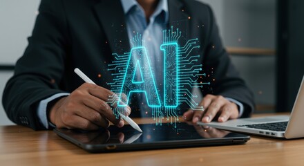 Poster - Business professional interacting with AI technology using stylus. Futuristic digital workspace with circuit-style overlay. Corporate executive working with artificial intelligence.