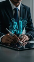 Poster - Business professional interacting with AI technology using stylus. Futuristic digital workspace with circuit-style overlay. Corporate executive working with artificial intelligence.