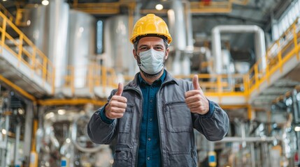 Wall Mural - Portrait full body of factory worker in protective equipment holding thumbs up in production hall. with copy space