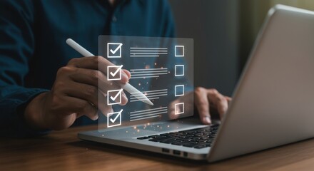 Poster - Professional using stylus with digital checklist. Organized task management on laptop. Modern productivity and workflow efficiency.